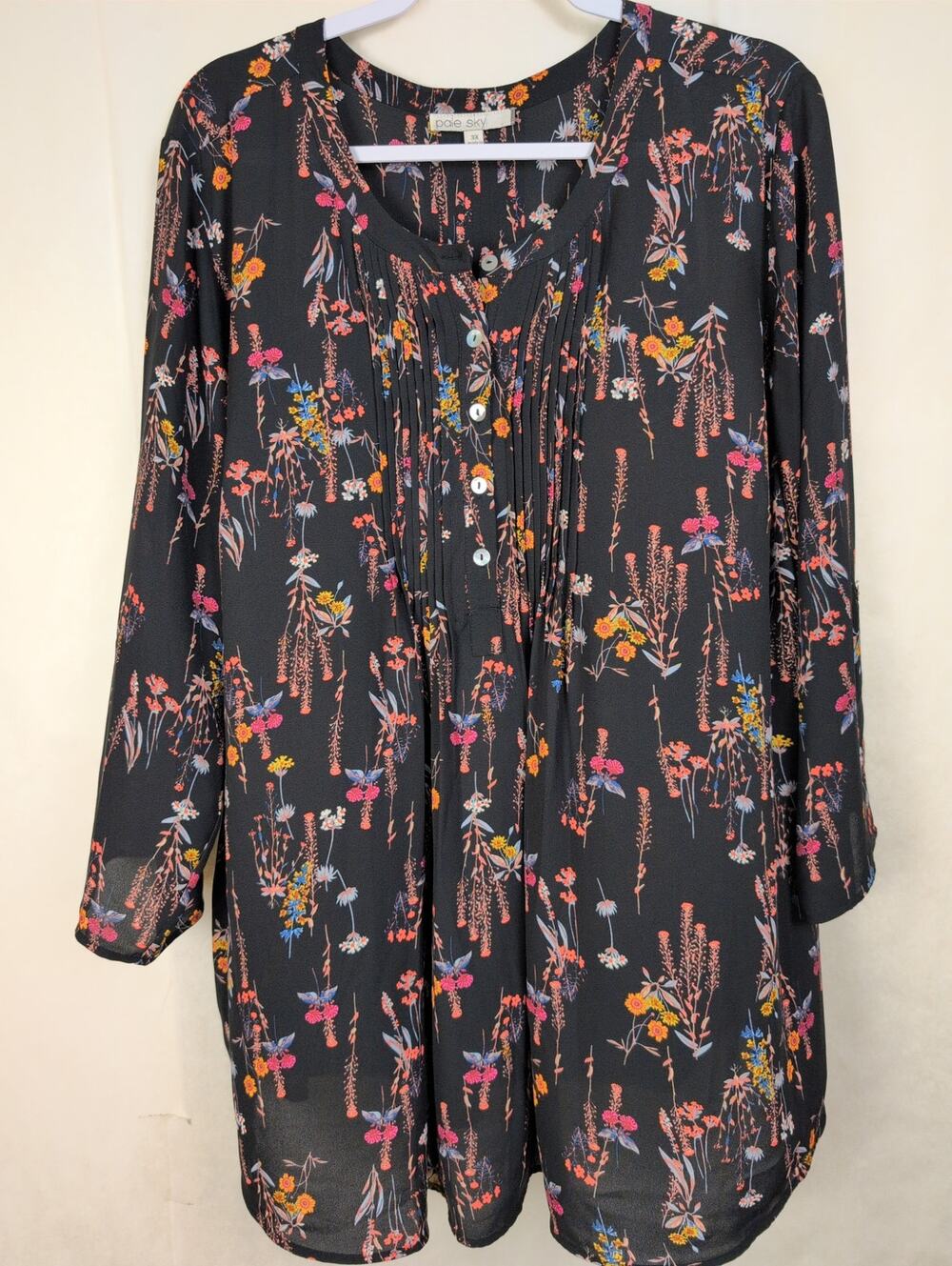 Pale Sky black floral pin tuck pleated pop over top size 3X Boho Cottagecore